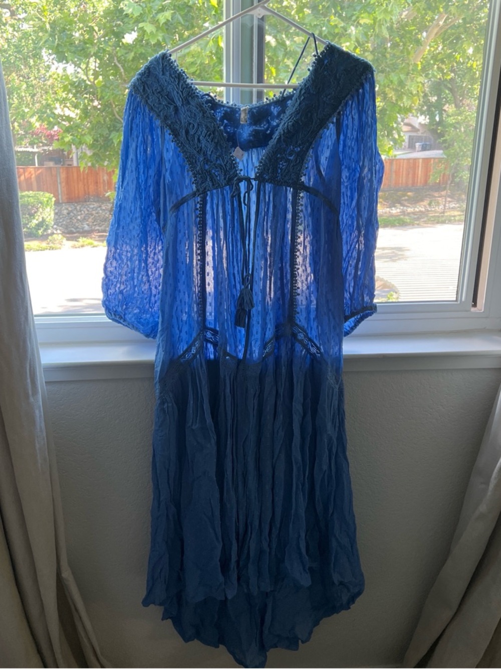 Free People Blue Sheer Maxi Dress with Lace Trim